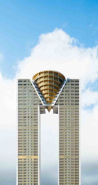Architectural image of a building with a conical shape at the top