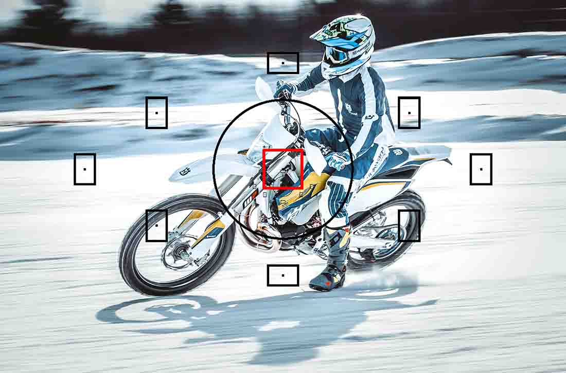 Panning Shot of a motor biker rider demonstrating the center autofocus point of a DSLR camera