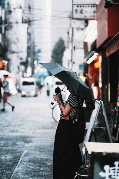 Woman photographer shooting in the rain shielding herself with a black umbrella