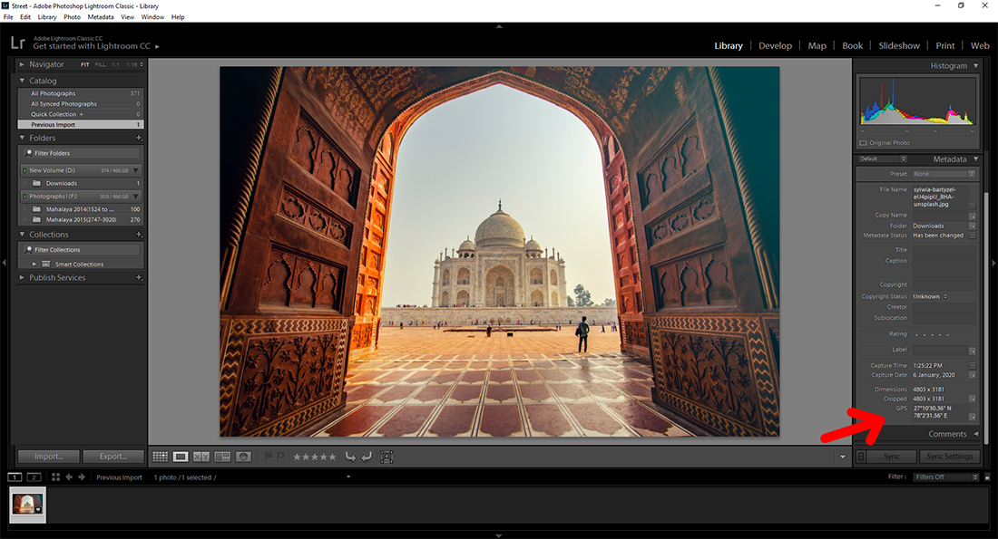Image of the Taj Mahal in Lightroom Library module showing the GPS coordinates
