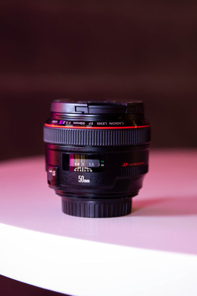 A Canon 50mm f1.2 lens which has a minimum focusing distance of 0.8m