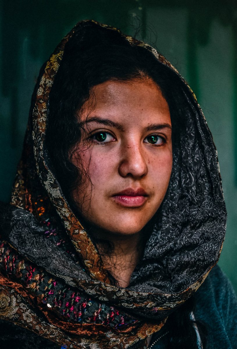 Portrait of a woman wearing a head scarf